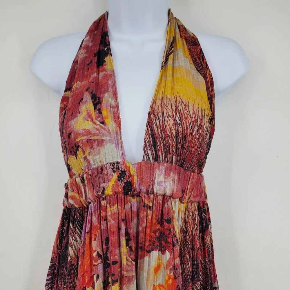 Free People Mika‎ Sunset Dreams Open Back Maxi Halter Boho Resort Dress Small